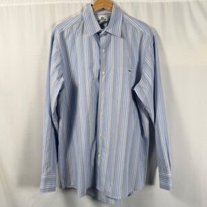 Lacoste Mens 42 Long Sleeve Striped‎ Dress Shirt Blue White Crocodile Cotton
